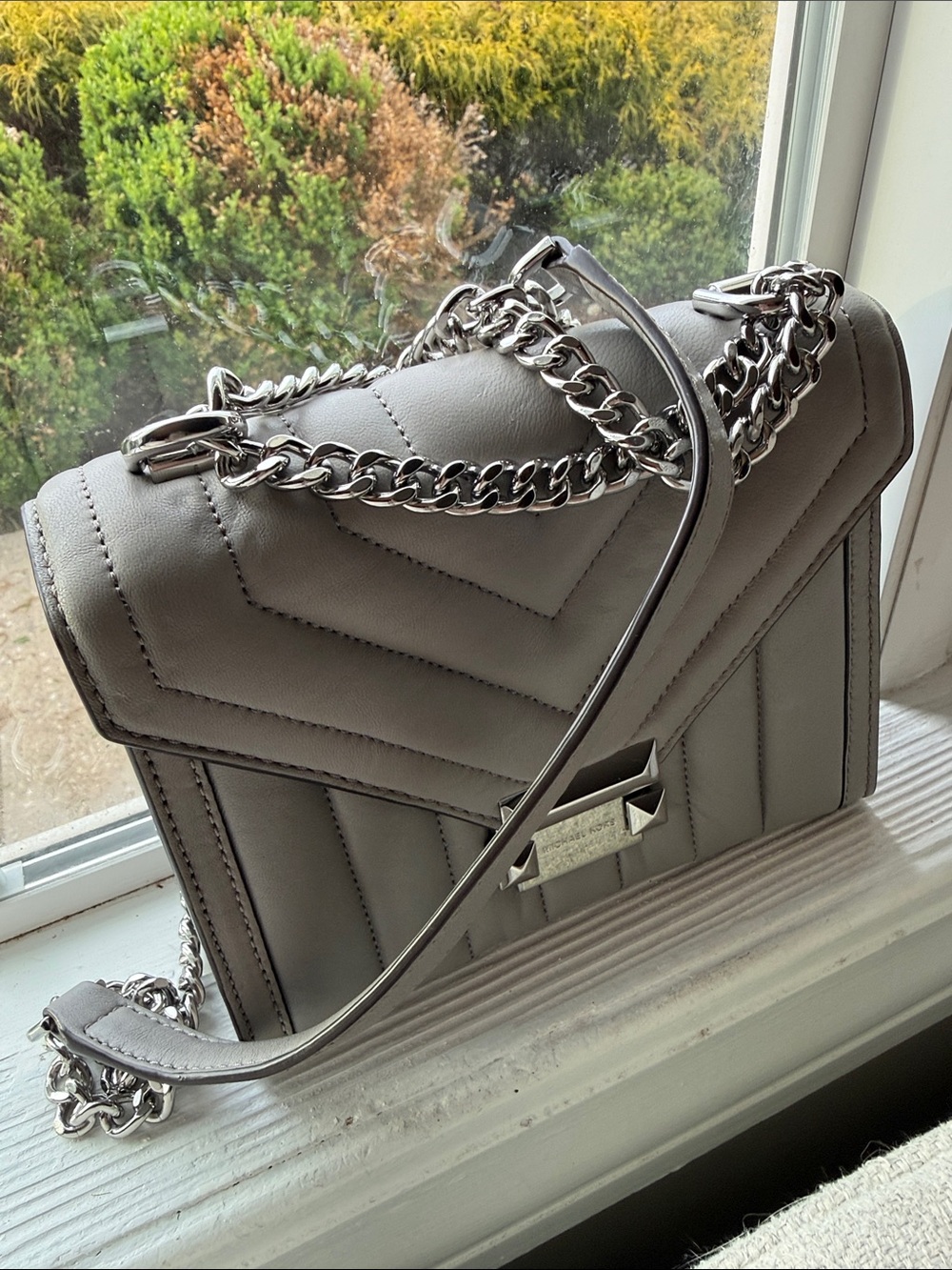 Michael Kors Taupe Quilted Leather Crossbody with Silver Chain - Picture 2 of 5